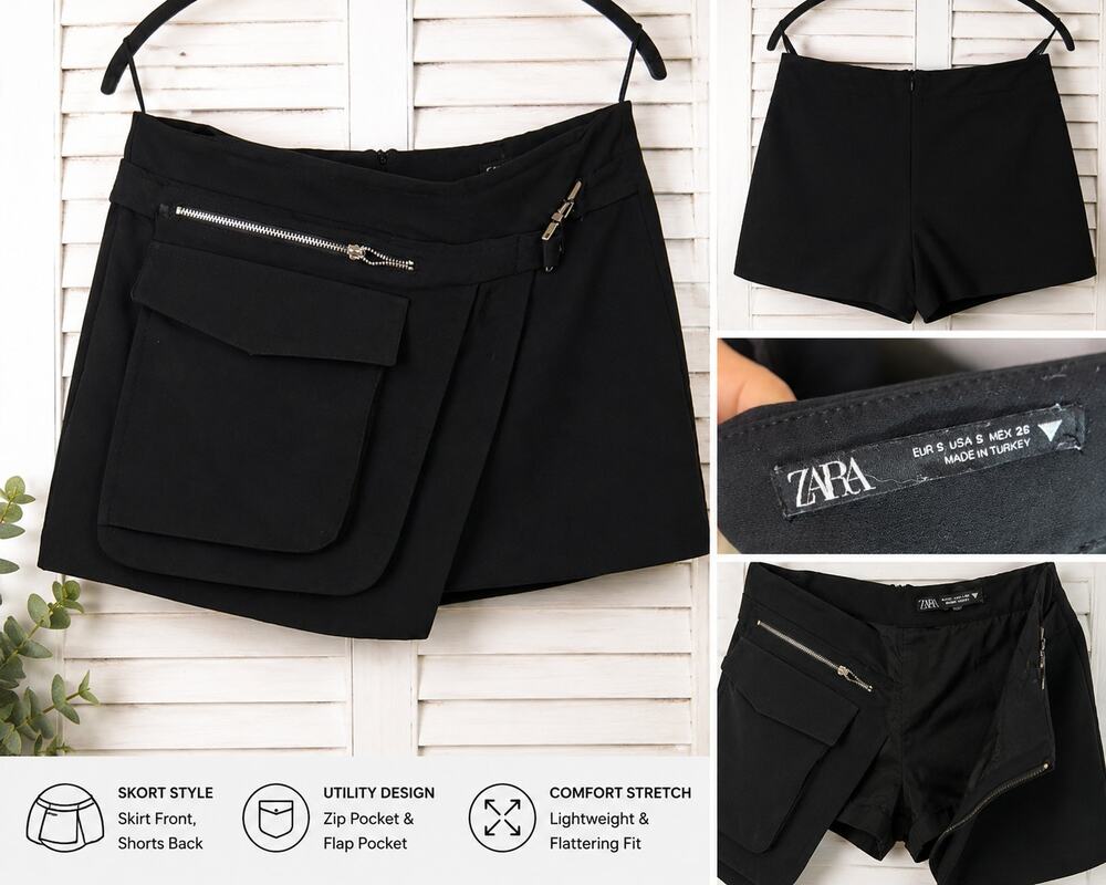 Zara Black Utility Skort Size S Asymmetrical Zip Pocket Mini Skirt Shorts
